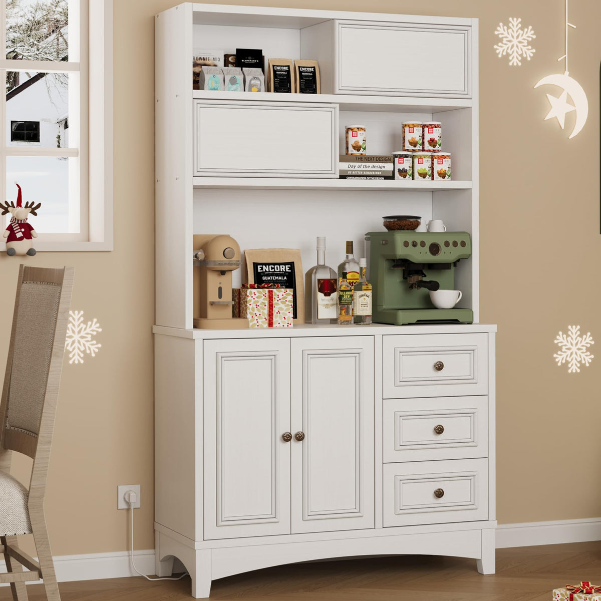 BOSHIRO 71" Black Pantry Cabinet with Charging Station, 4-Type Storage & Anti-Tip Design, Kitchen Cabinet with Sliding Door/Adjustable Shelves