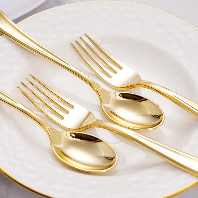 BUCLA 200-Piece Gold Plastic Silverware - Heavy Duty Disposable Cutlery Set - 100 Gold Plastic Forks & 100 Spoons for Catering, Party, Dinner, Wedding