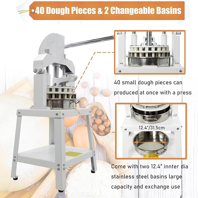 Yokoma Commercial 40pcs Dough Divider Manual 40PCS Dough Divider Manual Doughs Dividing Cutting Machine with 2 Stainless Steel Basin for Commercial Baking Needs, 0.95-4.41oz(27-125g) Range