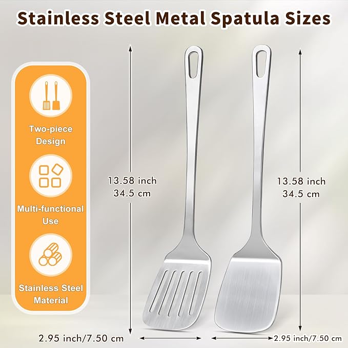 2 Pcs Stainless Steel Spatulas Set, Metal Spatula Solid & Slotted Turner, Heavy Duty Sturdy Spatula for Kitchen Use, High Heat Resistant Cooking Utensils for Fish Eggs Pancakes, Easy to Clean, Silver