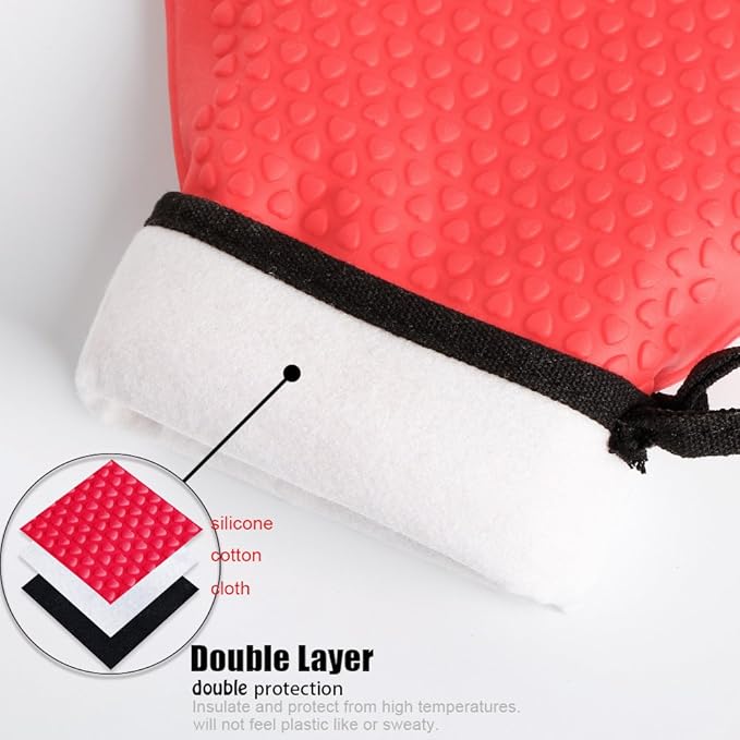 Loveuing Kitchen Oven Gloves - Dual-Layer Heat Resistant Grilling Gloves, Silicone Oven Mitts with 5 Fingers, Waterproof Non-Slip Pot Holder for Barbecue, Cooking, Baking (Red, Long)