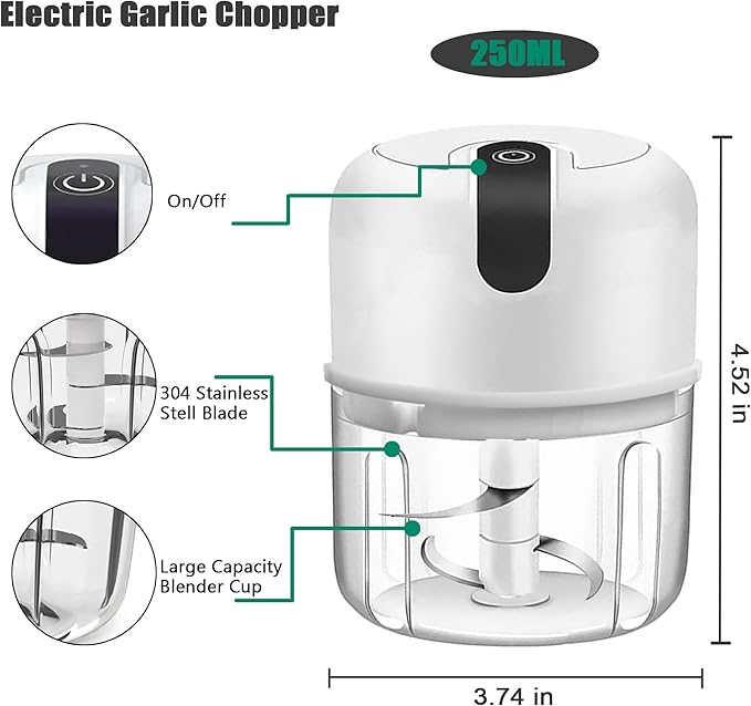 250ML Electric Garlic Chopper, 1 CUPS Mini Portable Veggie Choppers, Garlic Grinder Masher Onion Chopper, Blender to Vegetable, Wireless Food Processor for Ginger, Chili, Fruit, Meat, etc