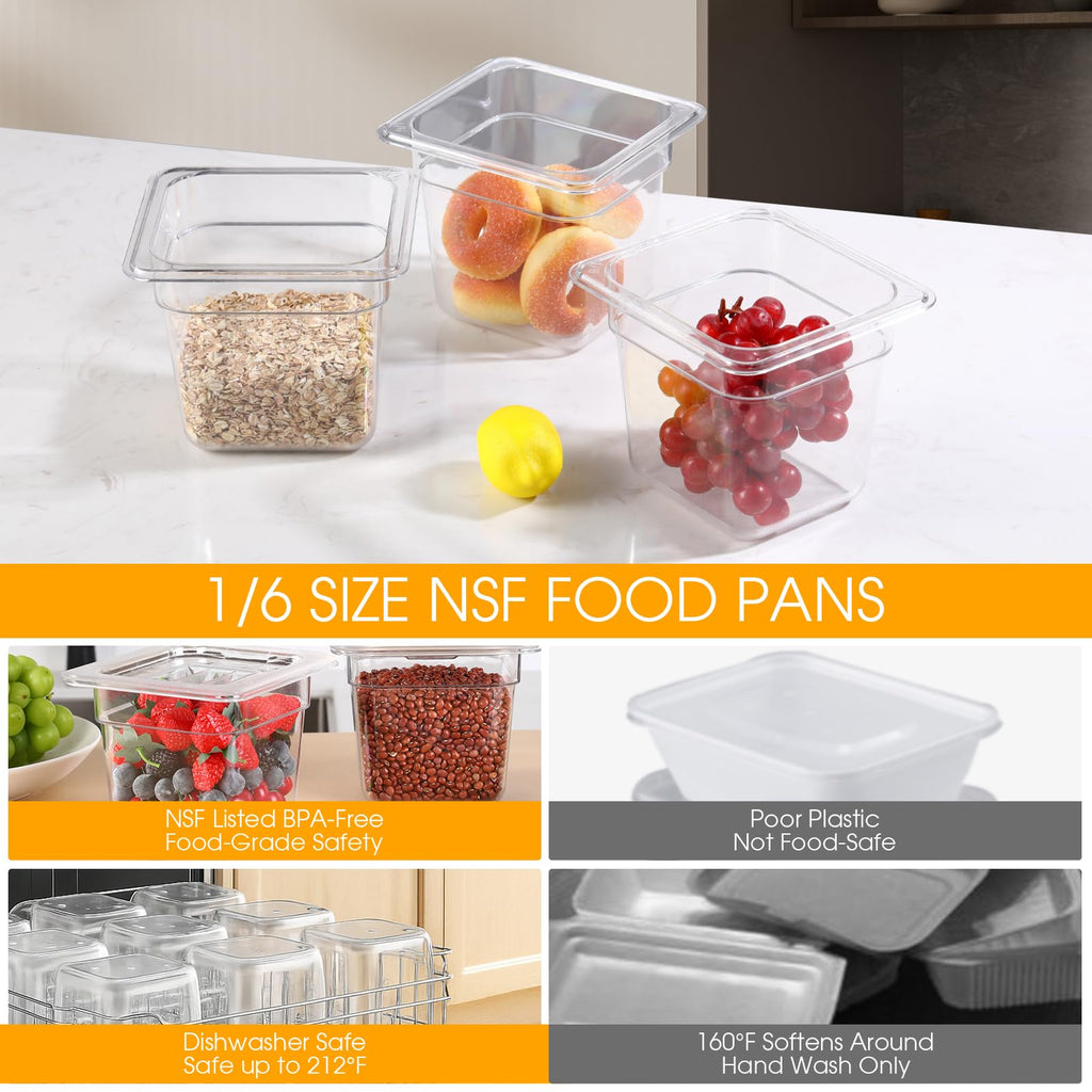 CAZACHEF 12-Pack NSF Polycarbonate Food Pans, 1/6 Size 6" Deep Commercial Food Storage Containers, Clear Plastic Steam Table & Prep Pans for Buffet, Salad Bar, Restaurant, Dishwasher & Freezer Safe