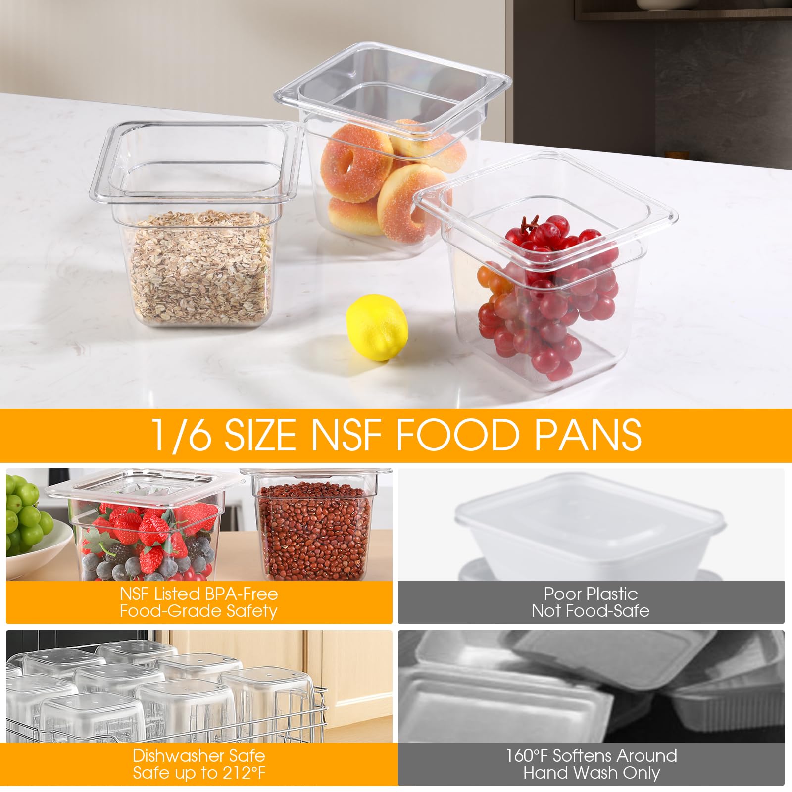 CAZACHEF 12-Pack NSF Polycarbonate Food Pans, 1/6 Size 6" Deep Commercial Food Storage Containers, Clear Plastic Steam Table & Prep Pans for Buffet, Salad Bar, Restaurant, Dishwasher & Freezer Safe