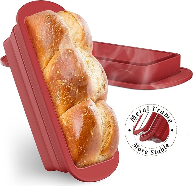2 Packs of Collapsible Silicone Bread Loaf Pan With Foldable Function and Metal Reinforced Frame,Rectangular Non-Stick Baking Mold Pans for Oven, Bread, Cake, Easy Release(9"x4"x2.5", Red, 2 Pieces)