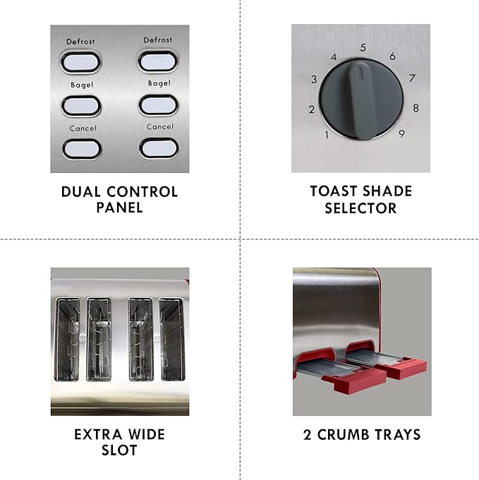 Slice Toaster, Red Stainless Steel, Dual Controls, Extra Wide Slots, Bagel and Defrost Functions, 9 Browning Levels, Removable Crumb Trays, for Bread, Toast, English Muffin, Toaster Strudel