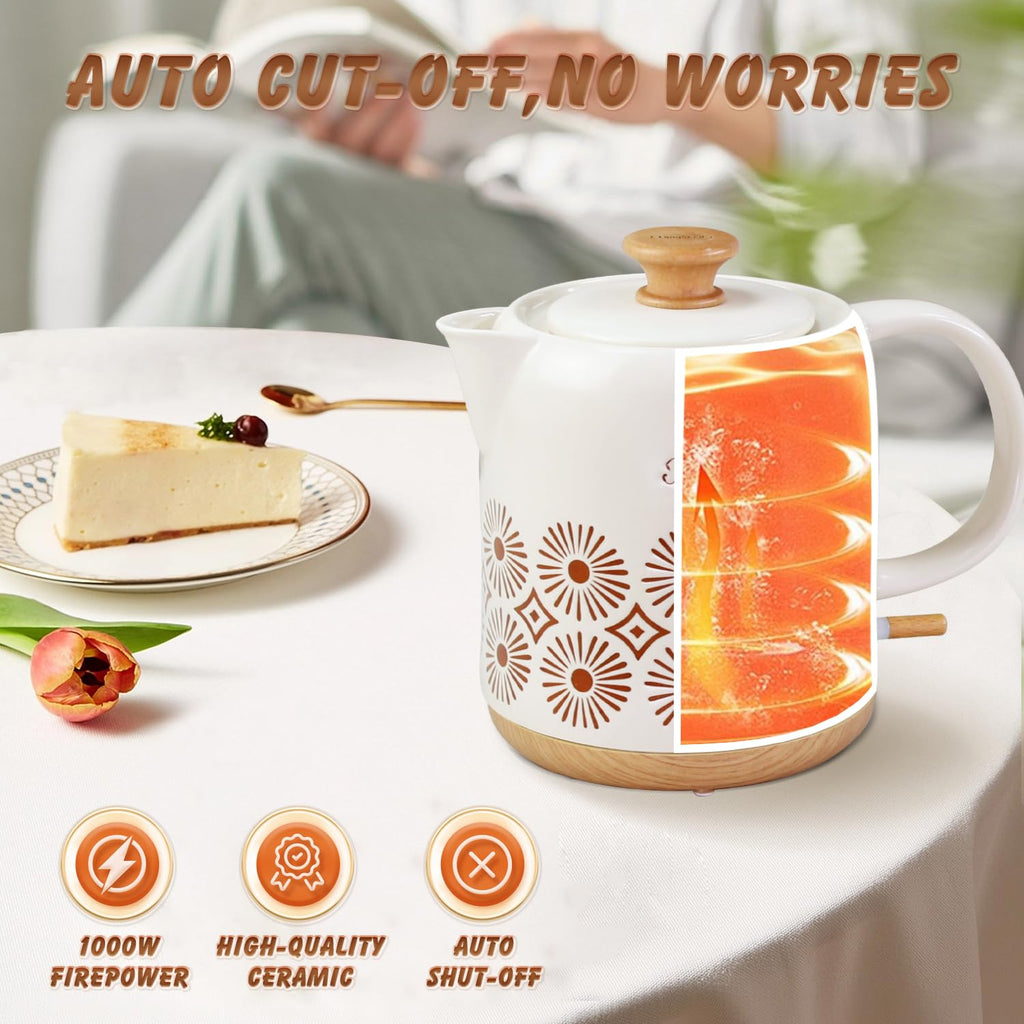 LONGSEED 1 Quart Ceramic Electric Kettle, 1000W Fast Boil Retro Tea Pot with Auto Shut-Off & Boil-Dry Protection, Floral Porcelain Hot Water Boiler with LED Light for Home & Kitchen