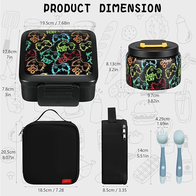 JXXM Bento Lunch Box for Kids With 8oz Soup thermo,Leak-proof Lunch Containers with 5 Compartment,thermo Food Jar and Lunch Bag, Food Containers for School (A-Black(Game Consoley))
