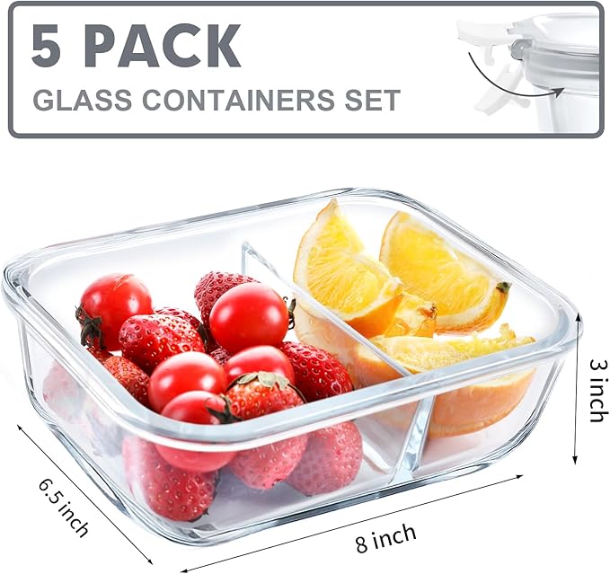 VERONES 5 PACK 36 OZ Glass Food Storage Containers 2 Compartment Set, Wihte