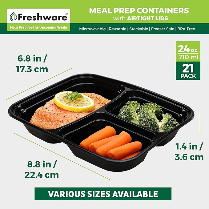 Freshware Meal Prep Containers [21 Pack] 3 Compartment with Lids, Food Storage Containers, Bento Box, Stackable, Microwave/Dishwasher/Freezer Safe (24 oz)