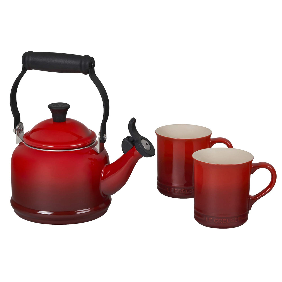 Le Creuset Demi Kettle (1.25 qt.) and 2 Mugs (14 oz. each), White/Black