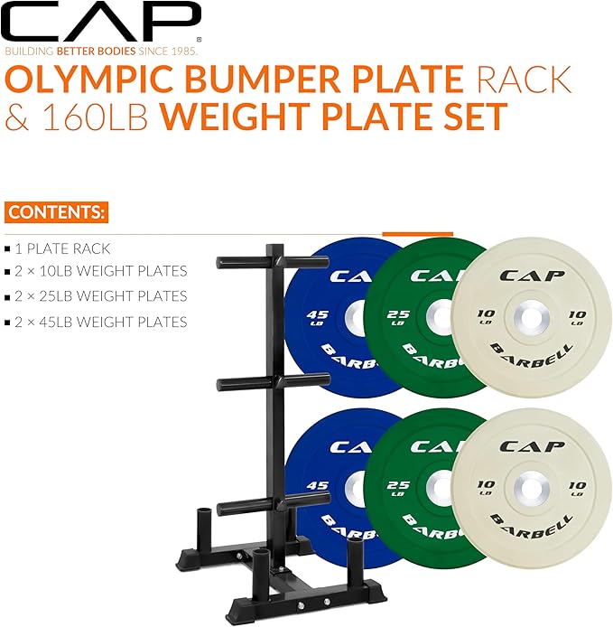 CAP 160lb Competition Olympic Bumper Plate Set with Storage Rack