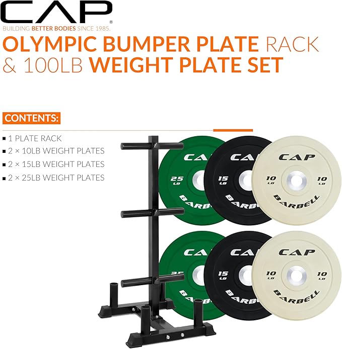 CAP 100lb Competition Olympic Bumper Plate Set with Storage Rack