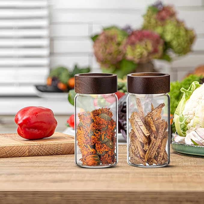 Patoper 8 oz Small Glass Spice Jars with Airtight Wood Acacia Lid 4 PCS,Clear Coffee Ground Storage Canister Round Glass Spice Jar for Pantry Sugar Tea Bean Nuts Cookies Salts Seasoning