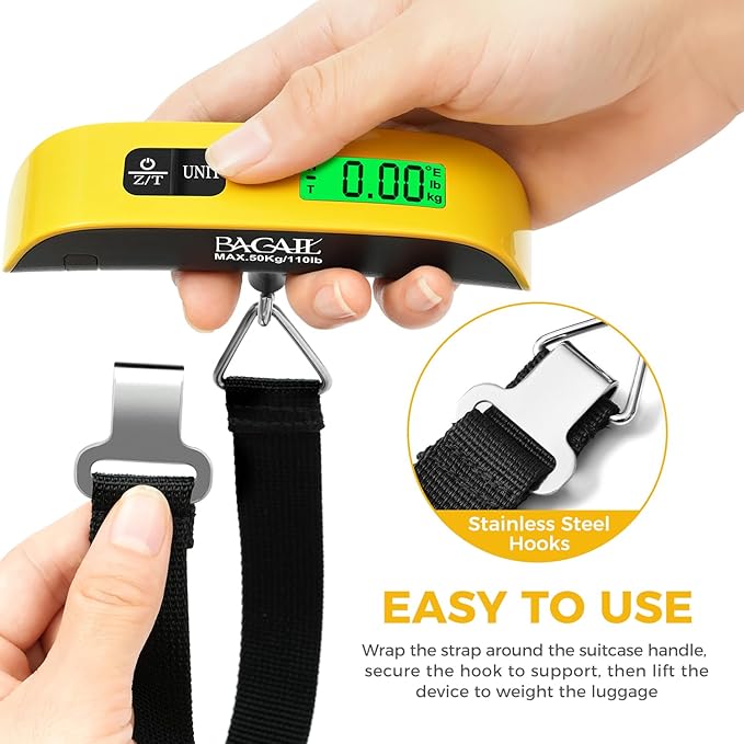 BAGAIL Digital Luggage Scale, 110lbs Hanging Baggage Scale with Backlit LCD Display,Portable Suitcase Weighing Scale,Travel Luggage Weight Scale with Hook,Strong Straps for Travelers(Yellow)