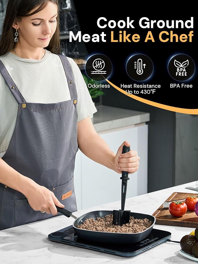 Meat Chopper, Hamburger Grinder, Premium Heat Resistant Smasher for Ground Beef, Burger Grinder Nylon Potato Mix Tool, Meat & Poultry Tenderizers (Black)