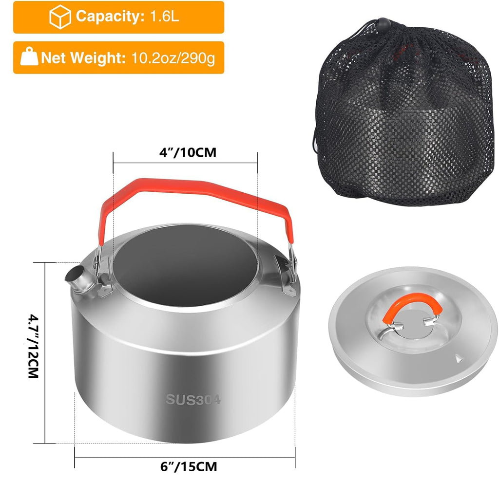 REDCAMP 1.6L Outdoor Camping Kettle, Lightweight Stainless Steel Water Pot with Carrying Bag, Compact Camp Tea Kettle Coffee Pot for Hiking Picnic Camping