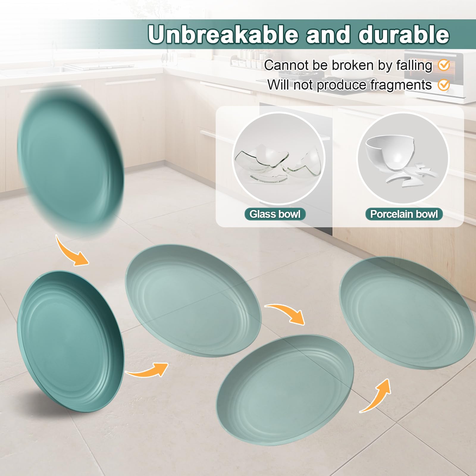 HEYCOME 12 Pcs Unbreakable Deep Dinner Plates Set, 10 inch Reusable Plastic Wheat Straw Plates, Microwave and Dishwasher Safe Plate for Kitchen, Lightweight Plate for Dessert, BPA Free, 6 Colors
