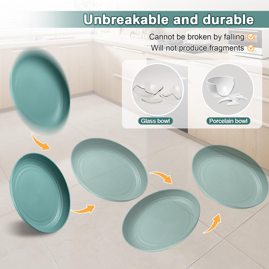 HEYCOME 12 Pcs Unbreakable Deep Dinner Plates Set, 9 inch Reusable Plastic Wheat Straw Plates, Microwave and Dishwasher Safe Plate for Kitchen, Lightweight Plate for Dessert, BPA Free, Dark Blue