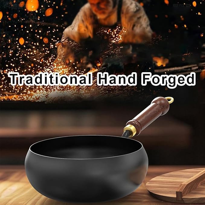 Jinswhdre Cast Iron Skillet, 9.5/11in Jinswhdre Japanese Irons Pan, Hand Forged Uncoated Iron Pan with Lid Spatula, Non-stick Wok for Cooker Gas Stir Fry Pans Durable and Rust-Free (Glass Lid,9.45in)