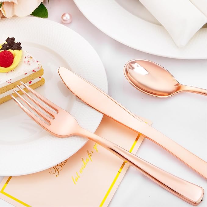 Liacere 100Pack Rose Gold Plastic Silverware - Pre Rolled Napkins with Rose Gold Cutlery - Wrapped Silverware Set Disposable100 Forks Knives Spoons Wrapped Utensils for Wedding ＆ Party