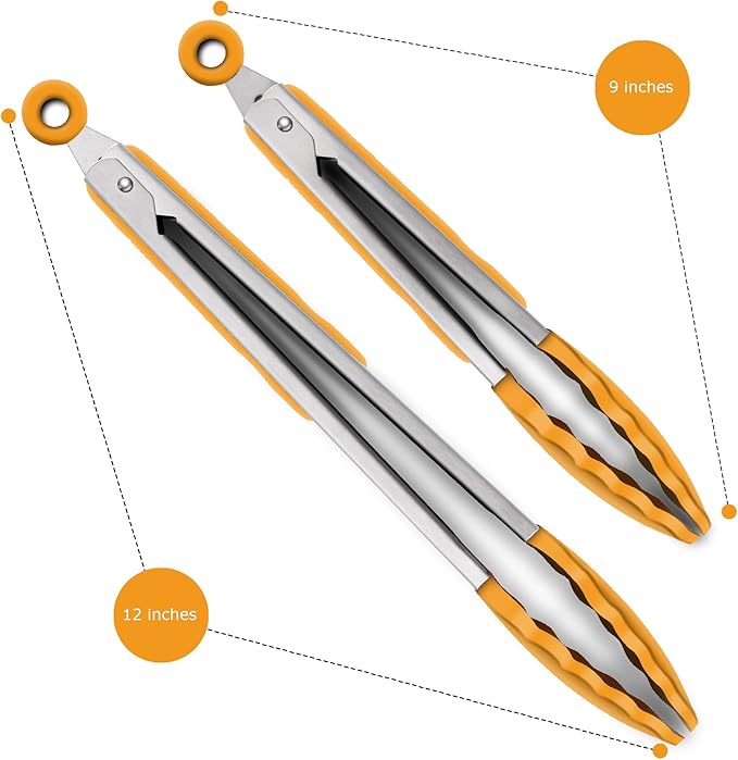2 Pack Silicone Kitchen Tongs, 9 & 12 Inch, Stainless Steel, Orange