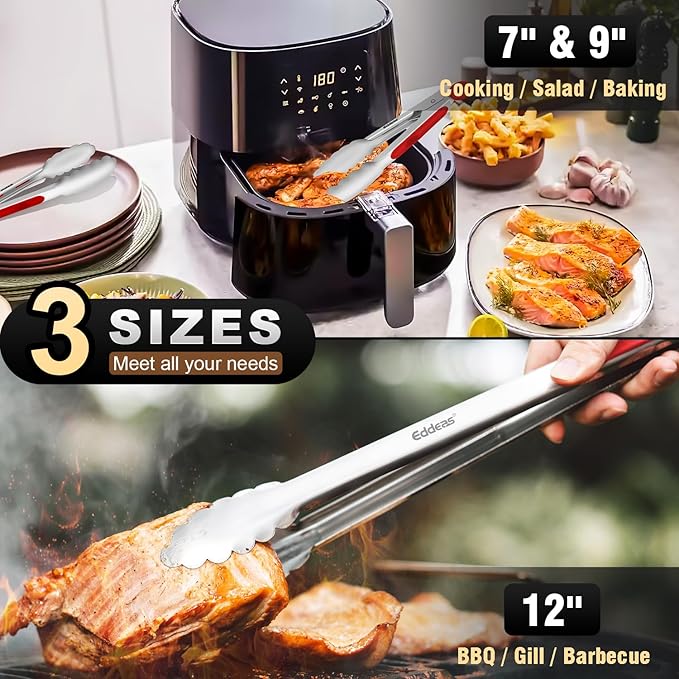 Eddeas Tongs For Cooking - 7",9" and 12 inch Kitchen Tong Heat Resistant 600 Degrees Stainless Steel Tongs, Heavy Duty Metal Locking Tong, Perfect for Food, BBQ Red Set of 3