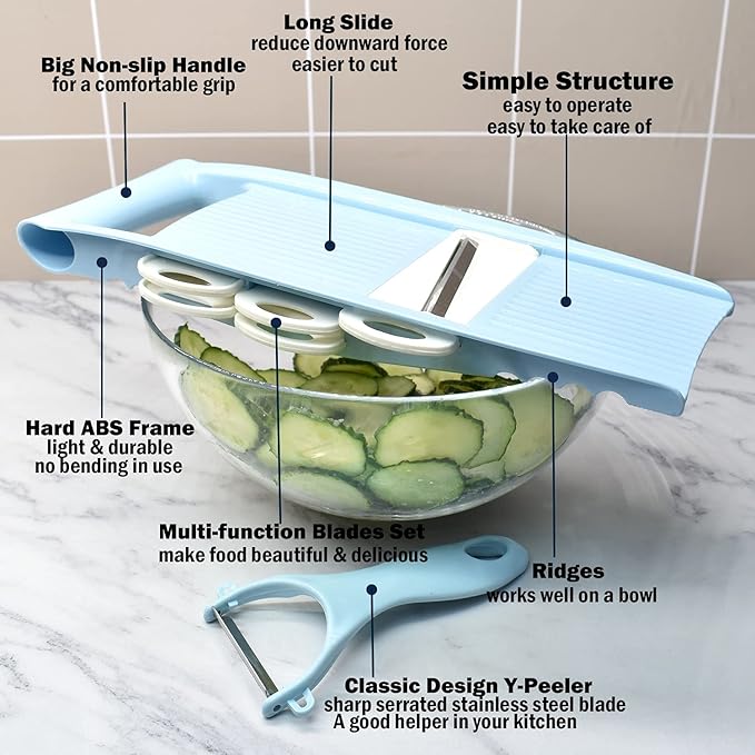 NACOLUS Handheld Mandoline Slicer for Kitchen, Vegetable Slicer Multi Blade Potato Chip, Veggie shredder, Vegetable Cutter, Julienne Shredder and peeler For Small Job In Kitchen Blue