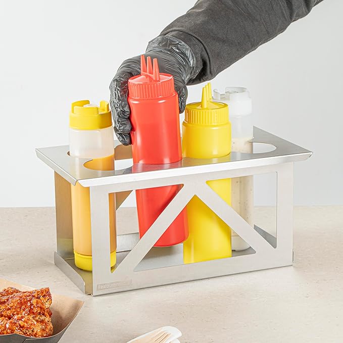 Restaurantware Squeeze Bottle Holder 1 Count Fits 1/3 Size Pan 12.79 x 7.09 x 6.26 Inch Stainless Steel Condiment Bottle Organizer - Durable Kitchen Prep Bottle Rack - Silver