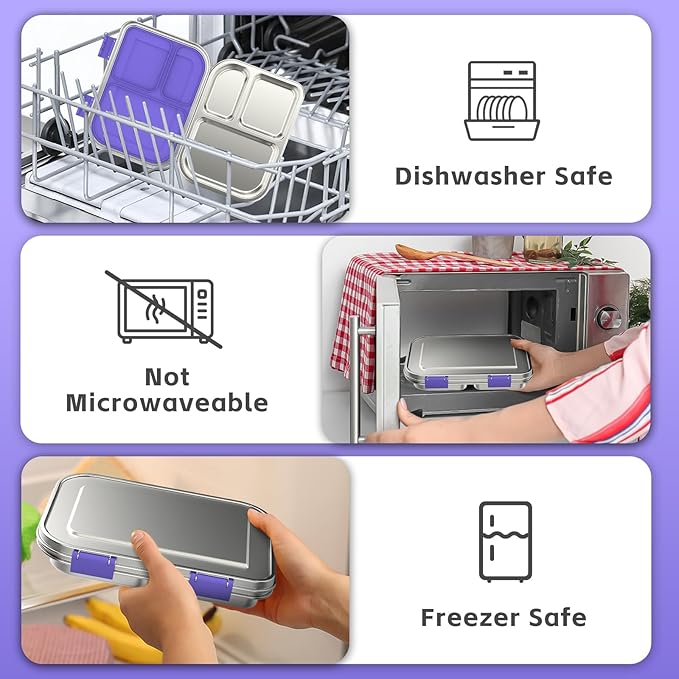 BOSEDSANG Stainless Steel Kids Leak-Resistant Bento Lunch Box, 3-Compartments with Silicone Container, Dishwasher-Safe, Child-Friendly Design for School, Picnics & Travel,BPA-Free(Purple)