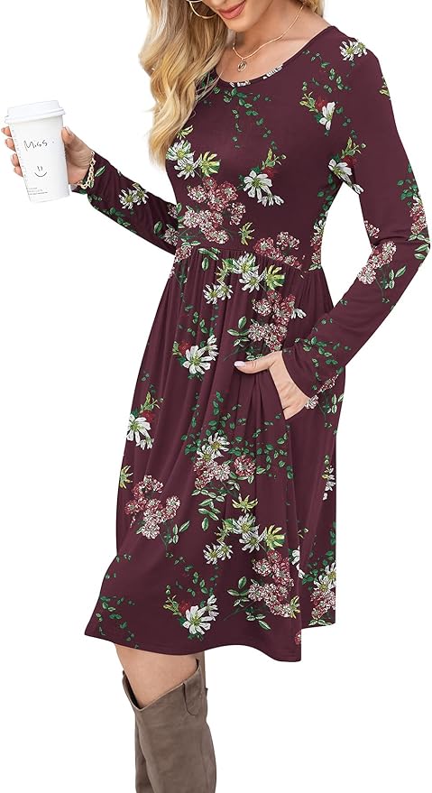 DB MOON Women Casual Long Sleeve Dresses Empire Waist Loose Dress with Pockets (Flower Wine Red, 2XL)