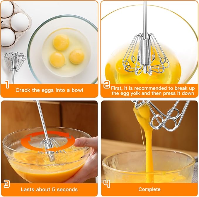 Qukaka Hand mixer egg beater,stainless steel semi automatic whisk,egg spinner,wisking tool,whipped cream dispenser,easy whisks for cooking,Beating&Stirring(12in)