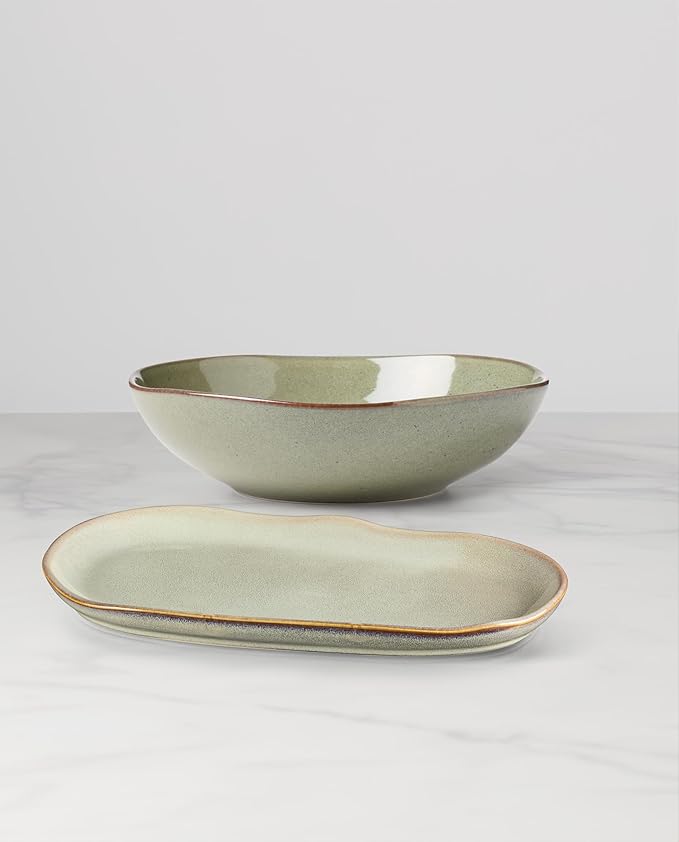 Oneida Organic Shades Sage Green Stoneware 2-Piece Serving Platter Set