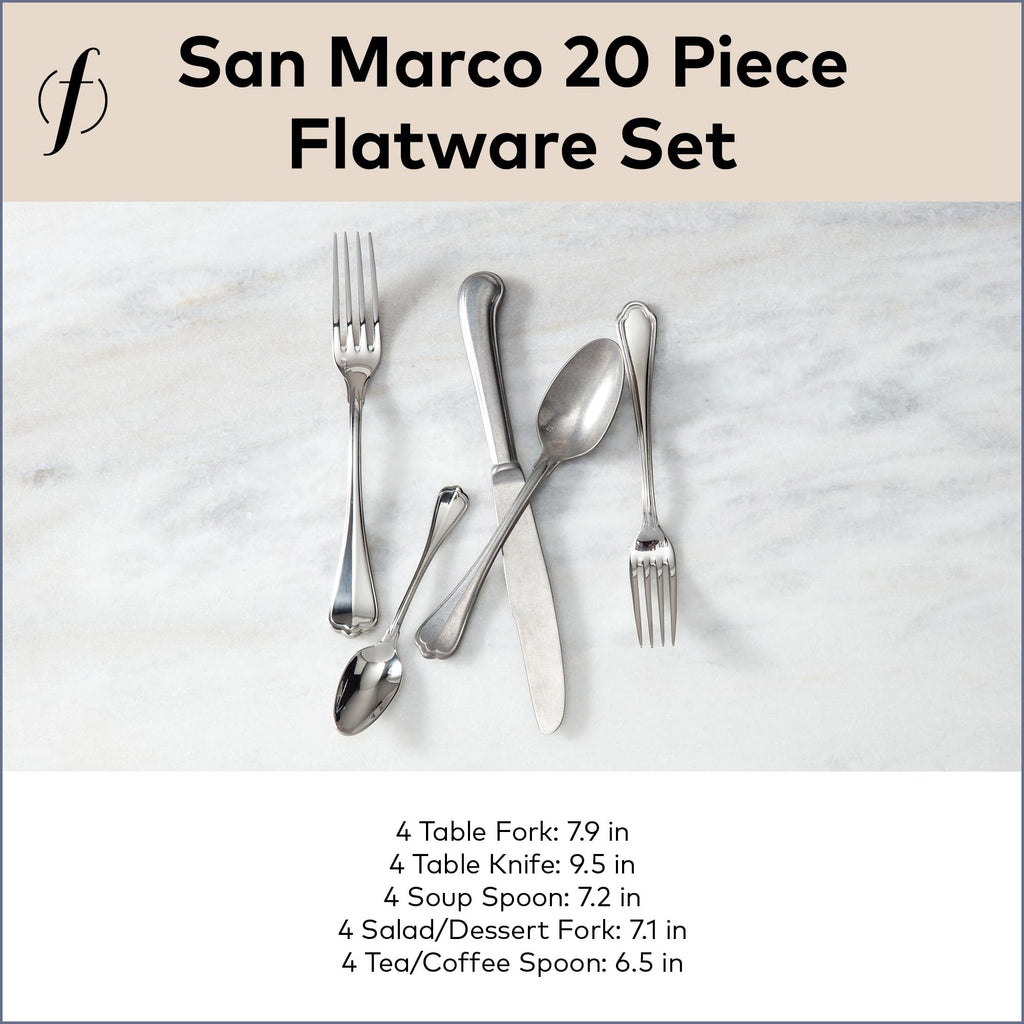 FORTESSA San Marco 18/10 Stainless Steel Flatware, 20 Piece Place Setting With Table Knives, Forks and Spoons (Service For 4), Dishwasher Safe, Antiqued