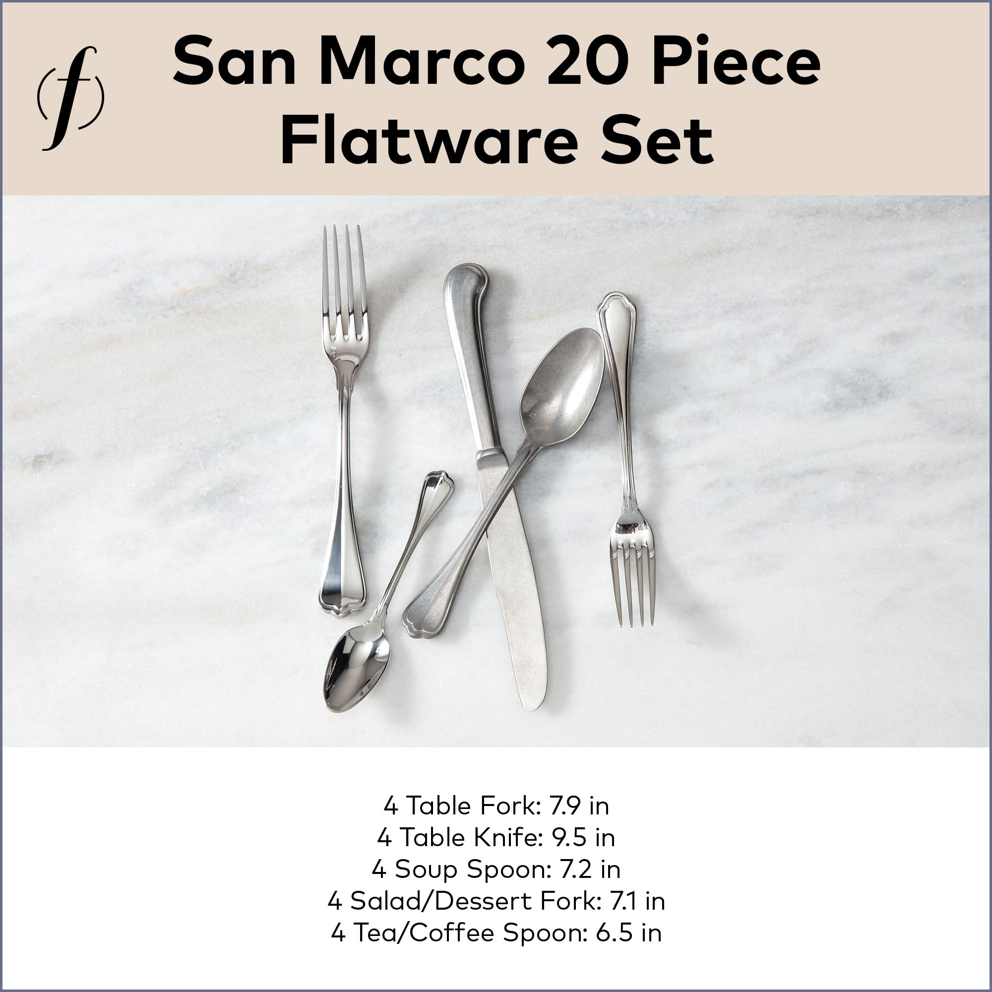 FORTESSA San Marco 18/10 Stainless Steel Flatware, 20 Piece Place Setting With Table Knives, Forks and Spoons (Service For 4), Dishwasher Safe, Antiqued