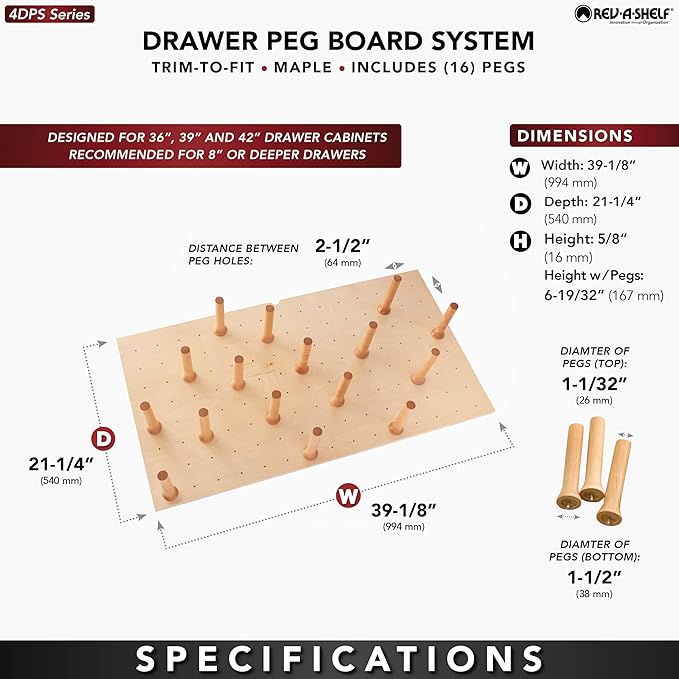 Rev-A-Shelf Pegboard Drawer Divider Organizer, Trim to Custom Fit Wooden Kitchen Cabinet Storage Utensil, Pots & Dish Rack, 39" x 21", 4DPS-3921