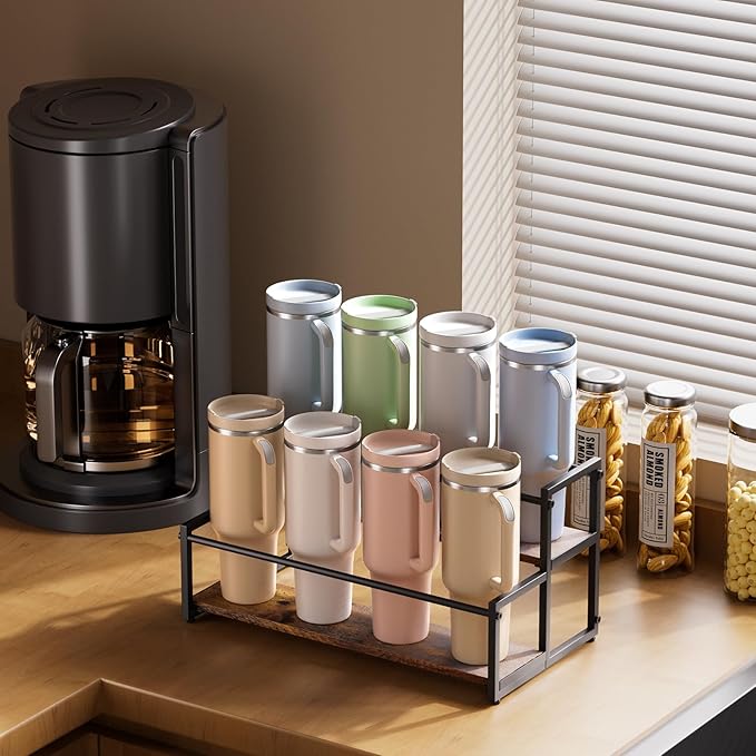 2-Tier Stanley Cup Holder for 8 Tumblers, Lid Organizer, Natural Wood