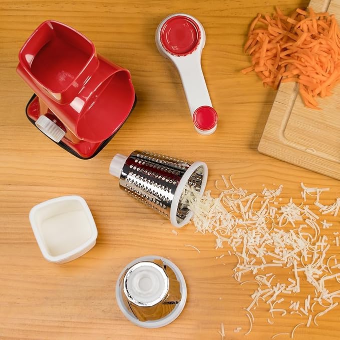 Badelite Cheese Grater Hand Crank Rotating Cheese Shredder Stainless Steel Vegetable Slicer Grater for Kitchen 3 Blades for Cheese, Carrot, Cucumber, Nuts, Chocolate, Red