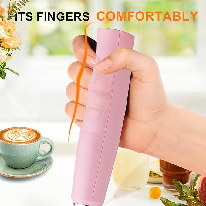YUSWKO Handheld Milk Frother Wand for Coffee, Rechargeable Electric Whisk with 3 Heads 3 Speeds Drink Mixer Coffee Frother For Latte, Cappuccino, Hot Chocolate, Egg, Pink