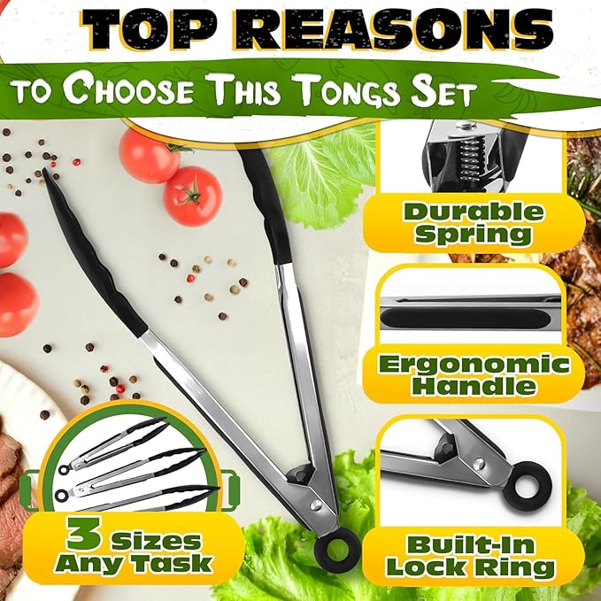 Kitchen Tongs Set of 3, 7/9/12 in, Stainless Steel (Black)