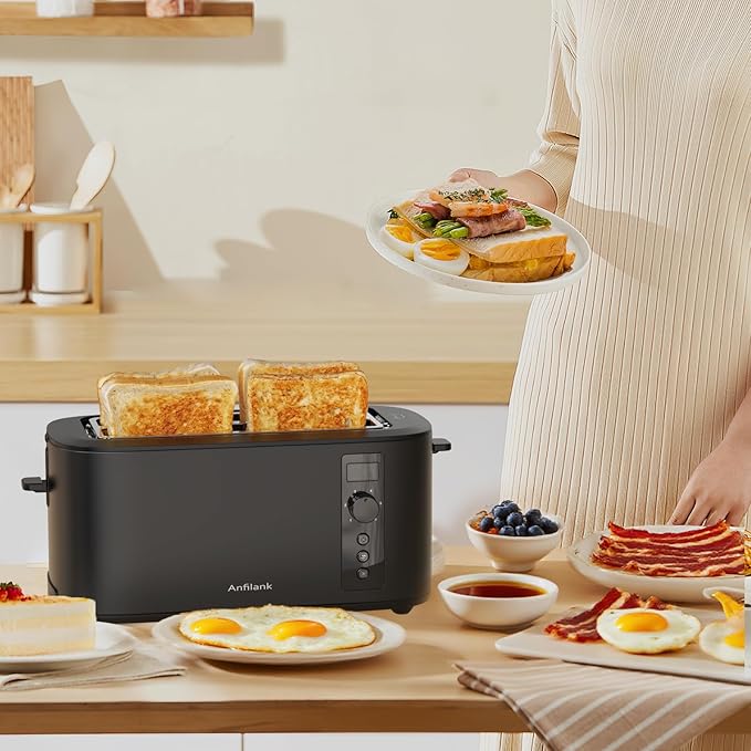 Anfilank Toaster 4 Slice Long Extra Wide Slot 1.5" with Countdown Timer, 6 Browning Settings, Built-in Warming Rack, Bagel/Cancel/Defrost Functions, Removable Crumb Tray-Matteblack