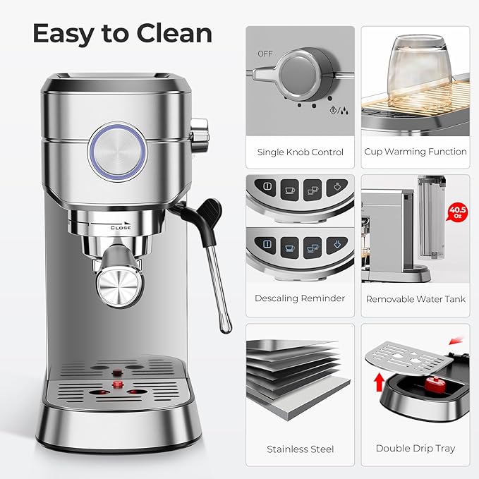 Havato 20 Bar Espresso Machine, Compact Espresso Coffee Maker with Milk Frother for Latte/Cappuccino, Auto Clean/34oz Removable Tank/Auto Shut-Off, Espresso Maker for Home/Office, Stainless Steel