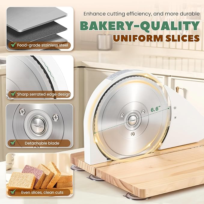 Huanyu Manual Bread Slicer Upgrade Foldable Sourdough Cutter Versatile Hand Crank Stainless Steel Blade Adjustable Thickness with Scale Line & Suction Cup for Homemade & Commercial Use White