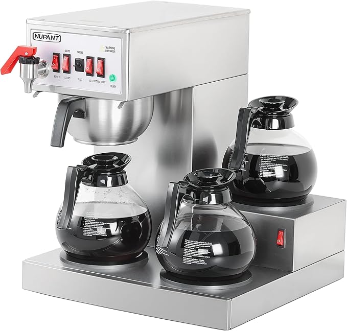 NUPANT 12 Cup Commercial Coffee Maker Auto Filling Drip Coffee Machine with 3 Carafes 3 Warmers, Filters, Stainless Steel Pour Over Coffee Brewer with Hot Water Dispenser for Restaurant Office Cafe