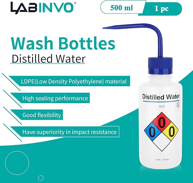 LABINVO Distilled Water Wash Bottles, 1 PC of Vol.500ml (17oz), Narrow Mouth, Self-Venting Safety Wash Bottles, LDPE Material,IN-WBD501