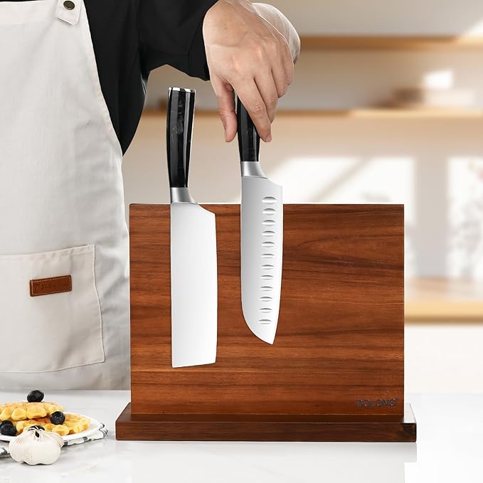 Magnetic Knife Block, Acacia Wood Kitchen Knife Holder, Multifunctional Double Side Knife Storage Organizer for Kitchen Counter ，Equipped with powerful enhanced magnets (Without knife)