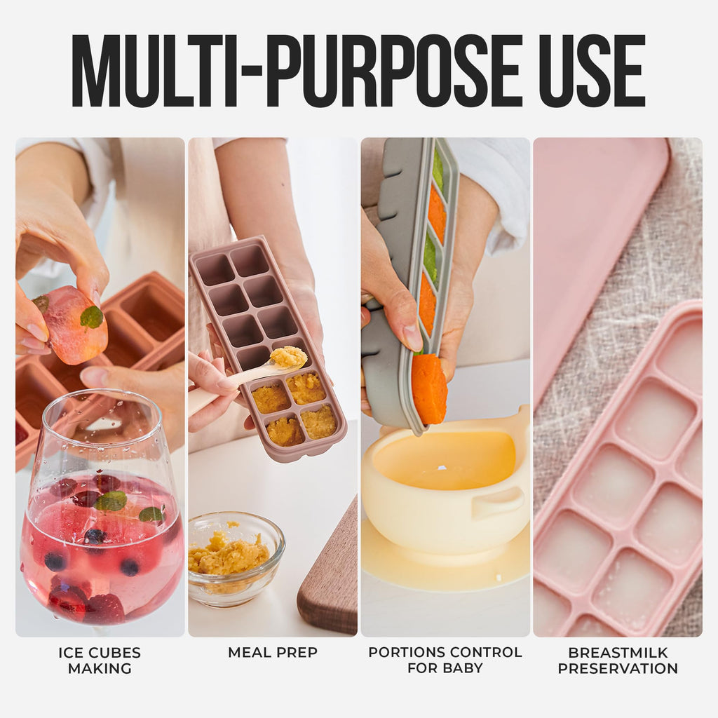 Firgi Silicone Ice Cube Freezer Tray with Lid, 100% Food-Grade Platinum Silicone,Leak Resistance & Dishwasher Safe for Baby Food Prep,Breast Milk,Purees - Korean Made (Brown 2-Pack 1 oz/6 Sections)