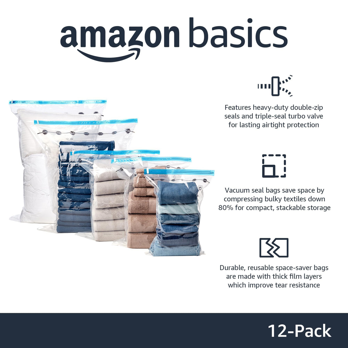 Amazon Basics Vacuum Storage Bags with Hand Pump for Travel, Space Saving Compression Bags for Clothes and Blankets, Clear, 12 Pack (3 Small, 3 Medium, 3 Large & 3 Jumbo)