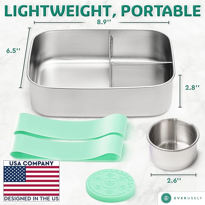 Stainless Steel Bento Box + Condiment Container - Green, 60oz / 1.8 L