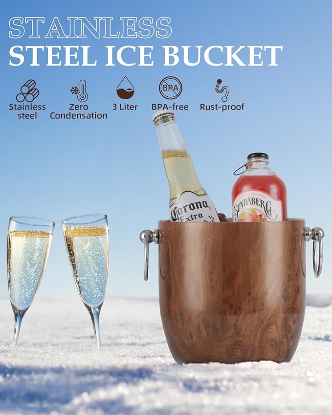 Golden Cudgel Insulated Ice Bucket, 3L Double Wall Stainless Steel Ice Bucket with Tongs,Lid, Scoop and Strainer, Ice Buckets for Parties,Cocktail Bars, Chilling Beer, Champagne, Wine Bottles,Wood